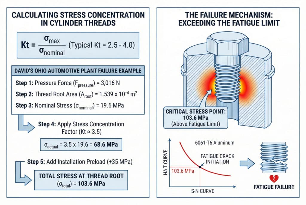 อินโฟกราฟิกทางเทคนิคที่แบ่งออกเป็นสองส่วน ส่วนด้านซ้าย "การคำนวณความเข้มข้นของความเค้นในเกลียวทรงกระบอก" อธิบายสูตร Kt = σ_max / σ_nominal และขั้นตอนการคำนวณทีละขั้นตอนสำหรับ "ตัวอย่างความล้มเหลวของโรงงานยานยนต์โอไฮโอของเดวิด"ส่งผลให้ "ความเค้นรวมที่รากเกลียว (σ_total) = 103.6 MPa."แผงด้านขวา "กลไกความล้มเหลว: การเกินขีดจำกัดความล้า" แสดงภาพตัดขวางของเกลียวพร้อมแผนที่ความร้อนสีแดงที่จุดความเค้นวิกฤต 103.6 MPa, กราฟเส้นโค้ง S-N ที่แสดงระดับความเค้นนี้นำไปสู่การเริ่มต้นรอยร้าวจากความล้า และไอคอนเกลียวที่หักพร้อมหัวใจที่แตก.