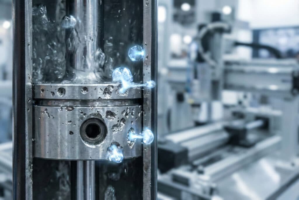 Lähikuva, jossa näkyy hydraulisen iskunvaimentimen männän poikkileikkaus. Kuvassa näkyy kavitaatiokuplien implosioinnin aiheuttamaa vakavaa pistekorroosiota ja metallin eroosiota, joka aiheuttaa sinivalkoista hehkua.