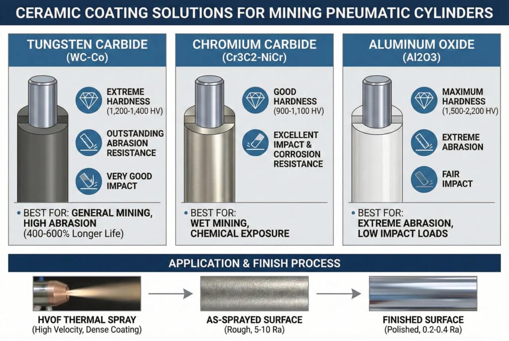 Tehnička infografika koja upoređuje svojstva i primjene keramičkih premaza od karbida volframa, karbida hroma i oksida aluminija za pneumatske cilindre u rudarstvu. Uključuje ocjene tvrdoće, nivoe otpornosti, najbolje slučajeve upotrebe i dijagram toka koji ilustruje HVOF termalno prskanje i naknadni proces završne obrade površine.