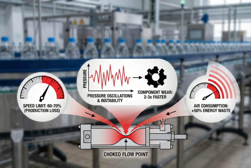 Infografika koja prekriva zamućenu sliku postrojenja za punjenje, ilustrirajući negativne utjecaje začepljenog protoka u pneumatskom cilindru. Centralni dijagram prikazuje "TAČKU ZAČEPLJENOG PROTOKA", povezanu s mjeračima koji pokazuju "GORNJA GRANICA BRZINE: 60-70% (GUBITAK PROIZVODNJE)," "OSCILACIJE PRITISKA I NESTABILNOST" koje dovode do "ISTROŠENOSTI KOMPONENTI: 2-3x BRŽE," i "POTROŠNJA ZRAKA: +50% GUBITAK ENERGIJE."