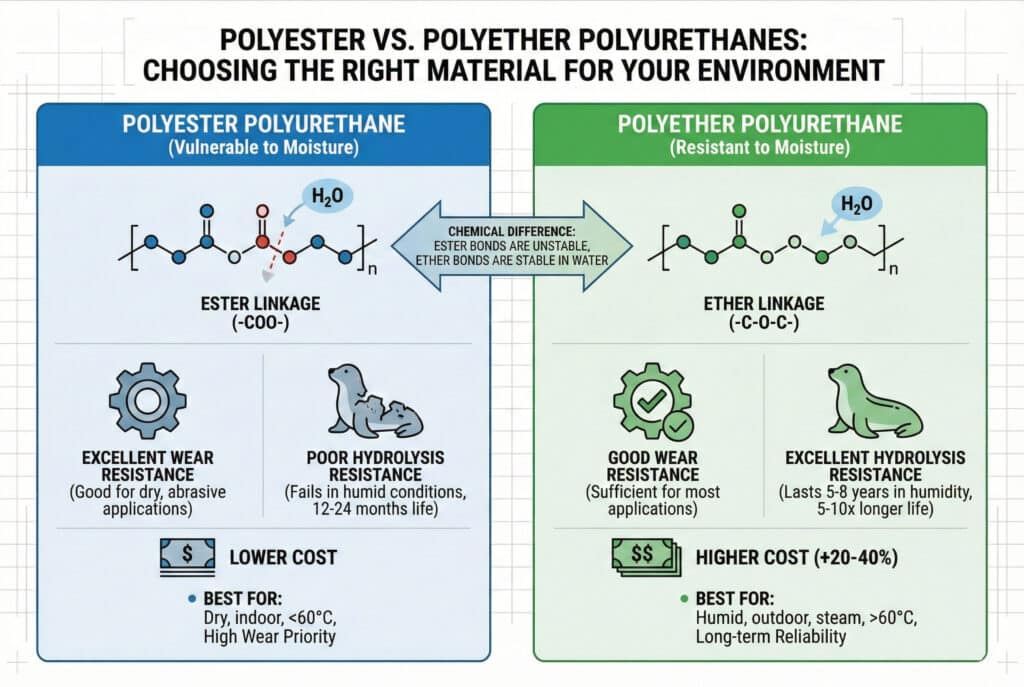 Tehnička infografika koja upoređuje poliesterne i polieterske poliuretane. Lijevi panel, za poliester, prikazuje ranjivu ester vezu pod napadom vode, sa ikonama za izvrsnu otpornost na habanje, ali lošu otpornost na hidrolizu, nižu cijenu i listu "Najbolje za" suha okruženja. Desni panel, za poliéter, prikazuje stabilnu étersku vezu, s ikonama za dobru otpornost na habanje i izvrsnu otpornost na hidrolizu, višu cijenu i listu "Najbolje za" vlažna okruženja. Središnja strelica ističe kemijsku razliku u stabilnosti u vodi.