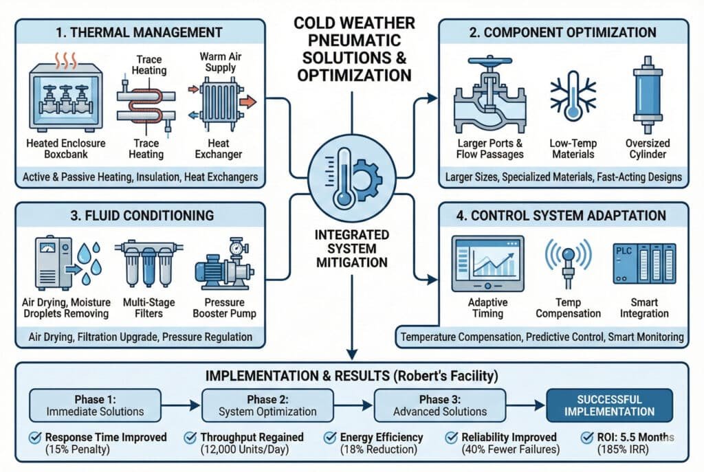 Подробная техническая инфографика под названием "Пневматические решения и оптимизация для холодных погодных условий", в которой подробно описан четырехчастный комплексный подход. Четыре части: 1. Терморегулирование (обогреваемые корпуса, обогрев трубопроводов, теплообменники), 2. Оптимизация компонентов (большие порты, низкотемпературные материалы, цилиндры увеличенного размера), 3. Кондиционирование жидкости (сушка воздуха, многоступенчатые фильтры, усилители давления) и 4. Адаптация системы управления (адаптивная синхронизация, температурная компенсация, интеллектуальная интеграция). Блок-схема внизу описывает "Внедрение и результаты (предприятие Роберта)", показывая трехэтапный процесс, ведущий к "успешному внедрению" с ключевыми улучшениями производительности и окупаемостью инвестиций за 5,5 месяцев.