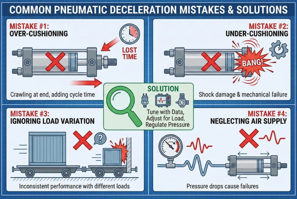 Yaygın pnömatik yavaşlama hatalarını ve çözümlerini ayrıntılı olarak açıklayan dört panelli teknik infografik. Panellerde "Aşırı Yastıklama" (zaman kaybı), "Yetersiz Yastıklama" (şok hasarı), "Yük Değişimini Göz Ardı Etme" (tutarsız performans) ve "Hava Beslemesini İhmal Etme" (arıza neden olan basınç düşüşleri) konularını göstermektedir. Merkezi "Çözüm" paneli, verilerle ayarlama, yüke göre ayarlama ve basıncı düzenlemeyi vurgulamaktadır.