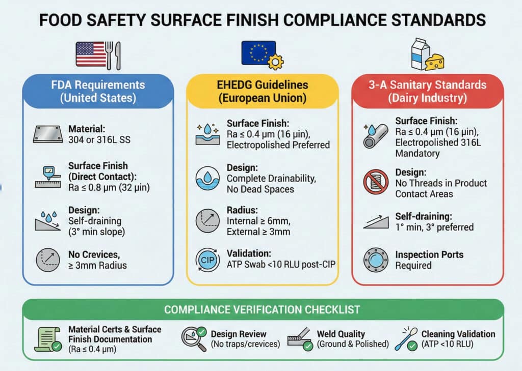 Digitalna infografika prikazana na ekranu tableta pod nazivom "FOOD SAFETY SURFACE FINISH COMPLIANCE STANDARDS." Vizuelno upoređuje zahtjeve u tri kolone: FDA zahtjevi (SAD) koji specificiraju 304/316L nehrđajući čelik i Ra ≤ 0,8 µm; EHEDG smjernice (EU) koje zahtijevaju Ra ≤ 0,4 µm, preferirajući elektropoliranje, i ATP validaciju (<10 RLU); te 3-A sanitarni standardi (mliječna industrija) koji propisuju elektropolirani 316L i Ra ≤ 0,4 µm. Donji odjeljak pod nazivom "KONTROLNA LISTA ZA VERIFIKACIJU USKLAĐENOSTI" sadrži četiri označene ikone za certifikate materijala, pregled dizajna, kvalitet zavara i validaciju čišćenja (ATP <10 RLU).