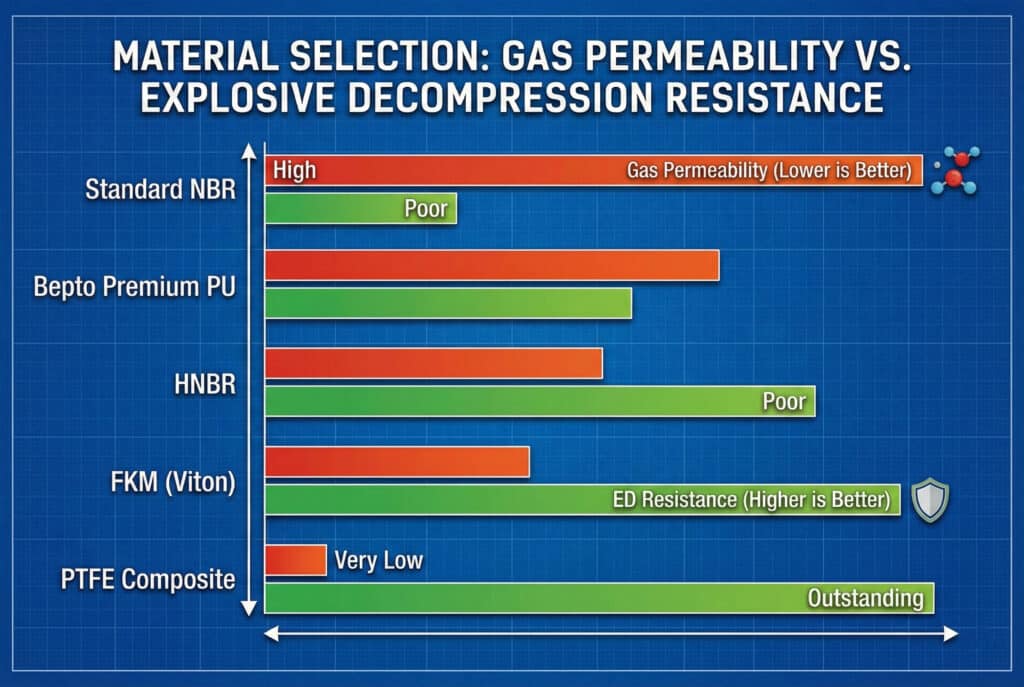 Stubni dijagram koji uspoređuje pet materijala za brtve na plavoj pozadini. Crvene stube prikazuju "Propusnost plinova (manje je bolje)", koja se smanjuje od "Visoka" za standardni NBR do "Vrlo niska" za PTFE kompozit. Zelene stube prikazuju "Otpornost na ED (više je bolje)", koja se povećava od "Loša" za standardni NBR do "Izvanredna" za PTFE kompozit.
