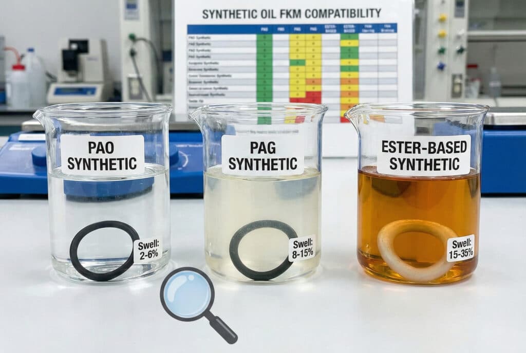 Laboratorijska usporedba koja prikazuje FKM O-prstenove u tri epruvete označene kao "PAO SYNTHETIC", "PAG SYNTHETIC" i "ESTER-BASED SYNTHETIC". PAO brtva pokazuje minimalno bubrenje (2-6%), PAG brtva pokazuje umjereno bubrenje (8-15%), a ester brtva je ozbiljno nabubrena (15-35%). U pozadini se nalazi grafikon pod nazivom "KOMPATIBILNOST FKM SA SINTETSKIM ULJEM".