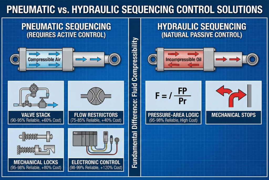 อินโฟกราฟิกทางเทคนิคที่เปรียบเทียบลำดับการทำงานของกระบอกสูบแบบยืดหดได้ในระบบนิวเมติกและไฮดรอลิก แผงด้านซ้ายแสดงให้เห็นว่าระบบนิวเมติกต้องการโซลูชันการควบคุมแบบแอคทีฟ เช่น วาล์วสแต็ก ตัวจำกัดการไหล กลไกล็อค หรือระบบควบคุมอิเล็กทรอนิกส์ เนื่องจากอากาศสามารถอัดตัวได้ ส่วนแผงด้านขวาแสดงว่าระบบไฮดรอลิกใช้การควบคุมแบบพาสซีฟตามธรรมชาติผ่านตรรกะแรงดันต่อพื้นที่และตัวหยุดเชิงกล เนื่องจากน้ำมันไม่สามารถอัดตัวได้ ตัวแบ่งกลางเน้นย้ำถึงความแตกต่างพื้นฐานที่อยู่ที่การอัดตัวของของไหล.