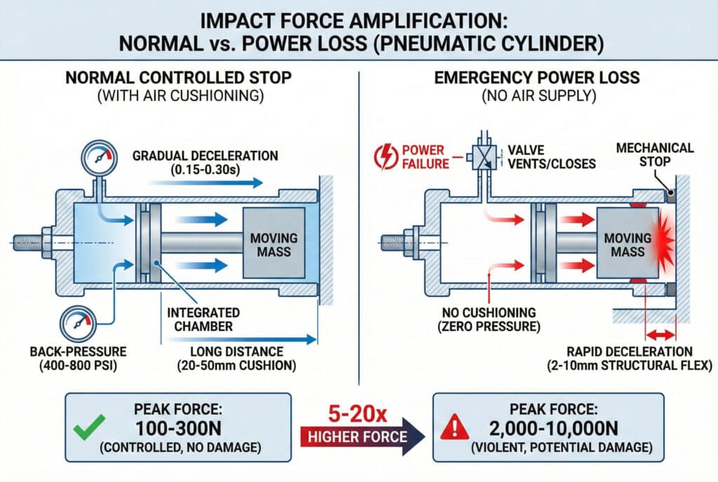 Tehnička infografika pod nazivom "POJAČANJE SILE UDARA: NORMALNO NASPRAM GUBITKA SNAGE (PNEUMATSKI CILINDAR)". Lijevi panel prikazuje "Normalno kontrolisano zaustavljanje" s zračnim jastukom, ilustrirajući postepeno usporavanje tokom 20-50 mm i nisku vršnu silu od 100-300 N. Desni panel prikazuje "Hitni gubitak snage" gdje odsustvo dovoda zraka dovodi do naglog usporavanja u samo 2-10 mm do mehaničke prepreke, što rezultira snažnom vršnom silom od 2.000-10.000 N. Središnja strelica ističe da gubitak snage rezultira 5-20 puta većom udarnom silom.