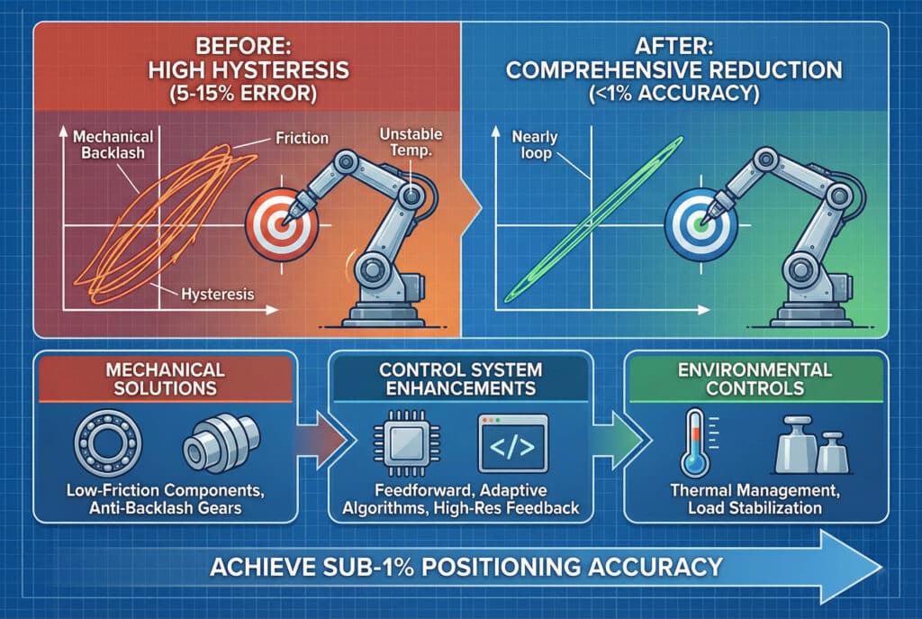 Tehnička infografika koja ilustrira sveobuhvatnu strategiju za smanjenje histereze u proporcionalnim upravljačkim sustavima. Gornji dio prikazuje usporedbu "PRIJE" i "POSLIJE": s lijeve strane robotska ruka promašuje cilj zbog "VISOKE HISTEREZE (5-15% GREŠKA)" uzrokovane zazubicom, trenjem i nestabilnom temperaturom; s desne strane ista ruka precizno pogađa cilj nakon "SVEOBUHVATNOG SMANJENJA (<1% TOČNOST)". Donji dio detaljno prikazuje tri stupa rješenja: "MEHANIČKA RJEŠENJA" (komponente s niskim trenjem, zupčanici protiv zazuba), "POBOLJŠANJA KONTROLNOG SUSTAVA" (predviđanje, adaptivni algoritmi) i "KONTROLE OKOLIŠA" (termičko upravljanje, stabilizacija opterećenja), sve s ciljem "POSTIZANJA TOČNOSTI POZICIONIRANJA ISPod 1%".