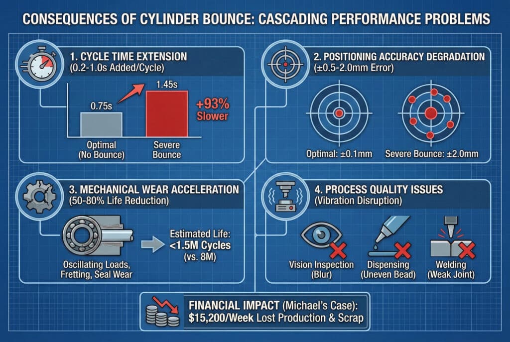 อินโฟกราฟิกที่มีรายละเอียดครบถ้วน ชื่อว่า "ผลกระทบจากการกระเด้งของกระบอกสูบ: ปัญหาประสิทธิภาพที่ตามมา" บนพื้นหลังแบบแปลนมีแผงข้อมูลสี่แผงที่แสดงผลกระทบเชิงลบ: "1. การขยายเวลาวงจร" แสดงการเพิ่มขึ้น 93% เป็น 1.45 วินาที; "2. การเสื่อมของความแม่นยำในการจัดตำแหน่ง" พร้อมการเปรียบเทียบเป้าหมายที่แสดงข้อผิดพลาด ±2.0 มม.; "3."การเร่งการสึกหรอทางกล" แสดงชิ้นส่วนที่เสียหายและการลดอายุการใช้งาน 50-80%; และ "4. ปัญหาคุณภาพกระบวนการ" เน้นการหยุดชะงักในการตรวจสอบด้วยวิสัยทัศน์ การจ่าย และการเชื่อม กล่องสรุปที่ด้านล่างระบุว่า "ผลกระทบทางการเงิน" อยู่ที่ $15,200/สัปดาห์.