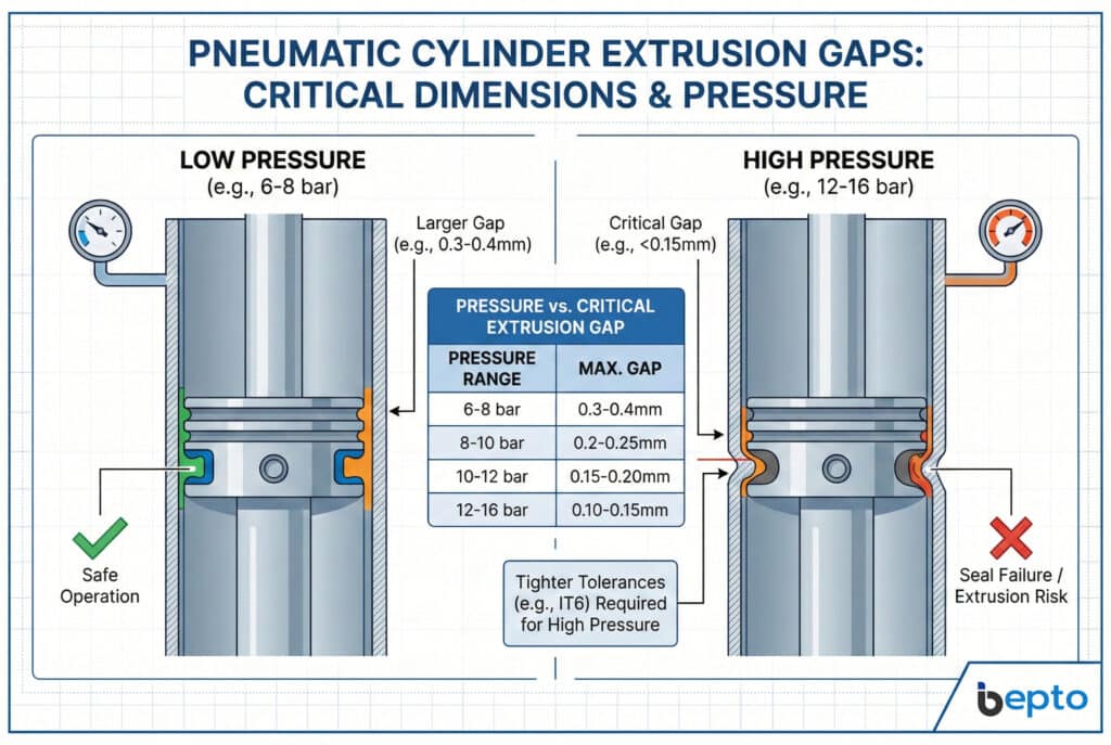 อินโฟกราฟิกทางเทคนิคที่แสดงความสัมพันธ์ที่สำคัญระหว่างความดันและขนาดช่องว่างการอัดในกระบอกลม แผงด้านซ้ายแสดง "การทำงานที่ปลอดภัย" ที่ "ความดันต่ำ (เช่น 6-8 บาร์)" พร้อม "ช่องว่างขนาดใหญ่ (เช่น 0.3-0.4 มม.)" ในขณะที่แผงด้านขวาแสดง "การล้มเหลวของซีล / "ความเสี่ยงการอัดตัว" ที่ "ความดันสูง (เช่น 12-16 บาร์)" เนื่องจาก "ช่องว่างวิกฤต (เช่น <0.15 มม.)" ตารางกลางแสดงรายละเอียดช่องว่างสูงสุดสำหรับช่วงความดันต่างๆ โดยเน้นความจำเป็นในการใช้ค่าความคลาดเคลื่อนที่แคบลงเมื่อความดันสูงขึ้น.
