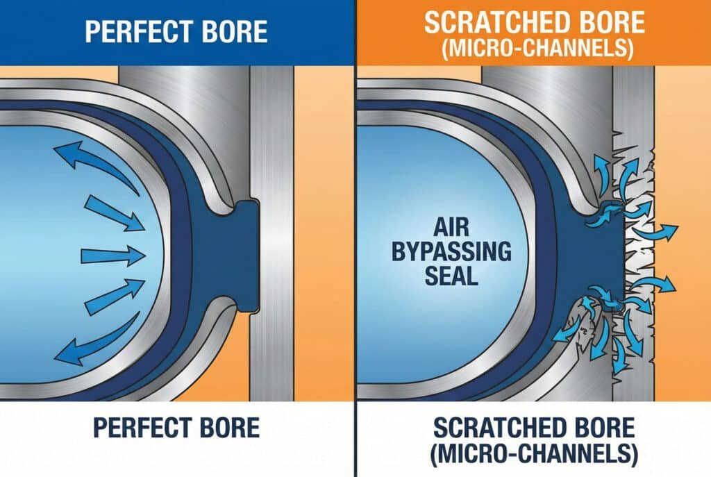 Een technisch diagram waarin een perfecte cilinderboring (links), waarbij een interne afdichting onder druk staande lucht bevat, wordt vergeleken met een bekraste cilinderboring (rechts), waarbij microkanalen in de boringwand ervoor zorgen dat lucht langs de afdichting kan stromen. In de illustratie wordt de luchtstroom weergegeven met blauwe pijlen. De tekst "PERFECT BORE" en "SCRATCHED BORE (MICRO-CHANNELS)" wordt duidelijk weergegeven.