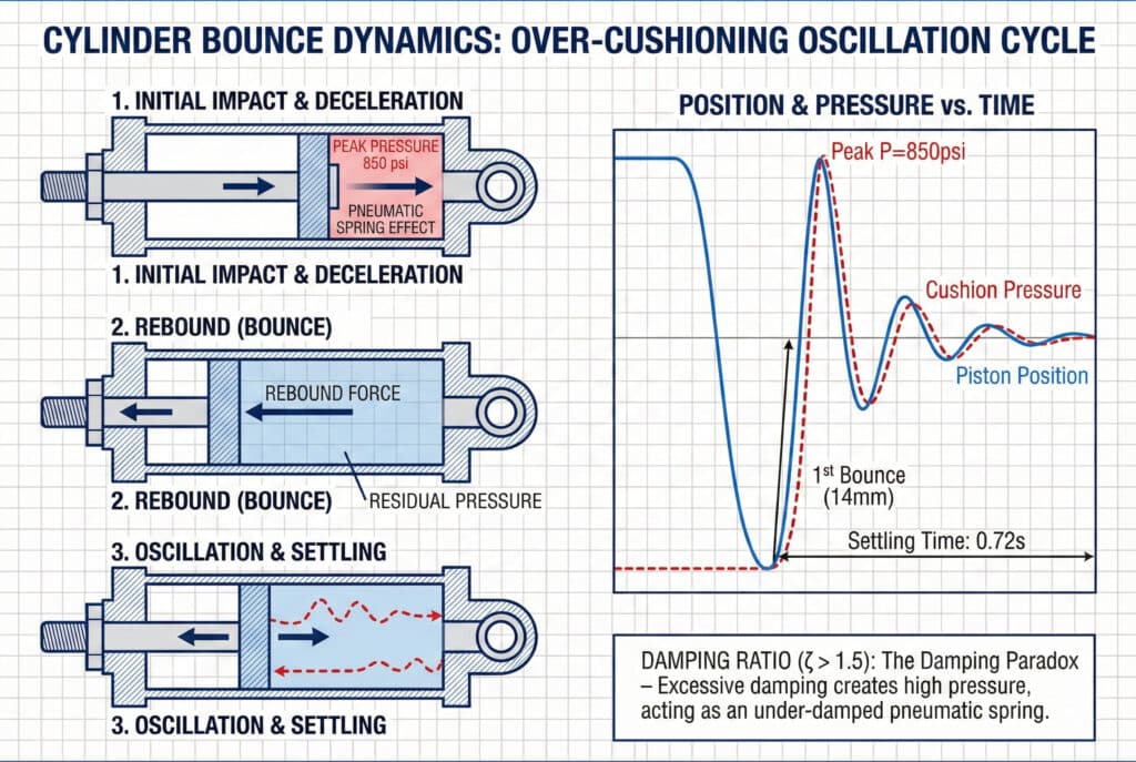 แผนภาพทางเทคนิคที่แสดงการกระเด้งของกระบอกสูบเนื่องจากการรองรับแรงกระแทกมากเกินไป ด้านซ้ายแสดงกระบอกสูบในสามขั้นตอน: "1. ผลกระทบเริ่มต้นและการชะลอความเร็ว" โดยมีแรงดันสูงสุด (850 psi) สร้าง "ผลสปริงนิวเมติก"; "2. การสะท้อนกลับ (กระเด้ง)" ที่ "แรงสะท้อนกลับ" จากแรงดันที่เหลืออยู่ผลักลูกสูบกลับ; และ "3. "การสั่น & การคงตัว" แสดงการสั่นที่ถูกลดทอน ด้านขวาเป็นกราฟ "ตำแหน่ง & ความดันเทียบกับเวลา" ที่แสดงตำแหน่งของลูกสูบ (เส้นโค้งสีน้ำเงิน) และความดันของเบาะรองรับ (เส้นประสีแดง) ซึ่งแสดงการเด้งกลับ 14 มม. และเวลาการคงตัว 0.72 วินาที กล่องคำอธิบายนิยามความขัดแย้งของ "อัตราส่วนการหน่วง (ζ > 1.5)".
