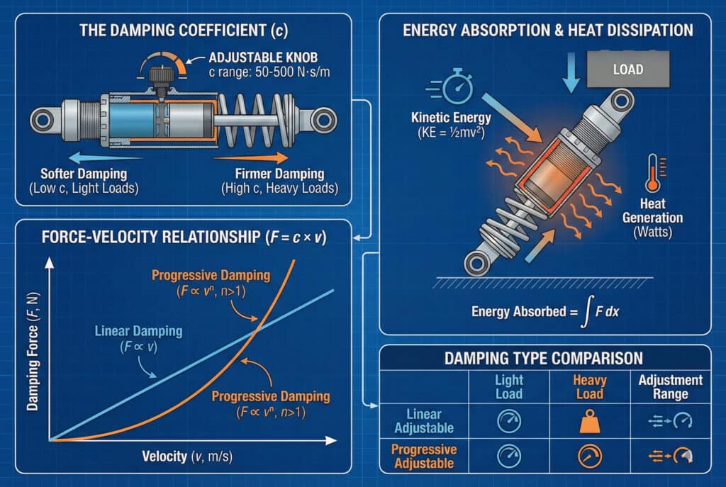 Tehnička infografika koja ilustrira fiziku prigušivanja. Obuhvata tri glavna panela: "Koeficijent prigušivanja (c)" koji prikazuje podesivi amortizer i raspone koeficijenata; "Odnos sile i brzine (F = c × v)" s grafikom koja uspoređuje linearnu i progresivnu prigušnost; te "Upijanje energije i rasipanje topline" koje prikazuje pretvorbu kinetičke energije u toplinu u amortizeru, s pripadajućim formulama. Uključena je tablica "Usporedba tipova prigušivanja".
