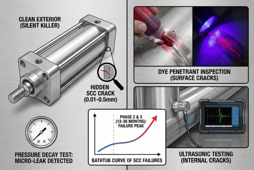 อินโฟกราฟิกทางเทคนิคที่แสดงถึงความท้าทายและวิธีการตรวจจับการแตกร้าวจากการกัดกร่อนเนื่องจากความเครียด (SCC) ด้านซ้ายบนแสดงกระบอกสแตนเลสที่สะอาดติดป้ายว่า "ฆาตกรเงียบ" โดยมีแว่นขยายเผยให้เห็นรอยแตกภายในที่ซ่อนอยู่ ด้านล่างมีเกจวัดแรงดันที่แสดง "ตรวจพบการรั่วซึมขนาดเล็ก" ระหว่างการทดสอบการลดลงของแรงดันทางด้านขวา มีแผงสองแผงแสดงวิธีการทดสอบไม่ทำลายชิ้นงาน (NDT): "การตรวจสอบด้วยสีย้อมแทรกซึม" ซึ่งเผยให้เห็นรอยร้าวบนพื้นผิวเป็นสีแดงภายใต้แสงยูวี และ "การทดสอบด้วยคลื่นเสียงความถี่สูง" ซึ่งตรวจพบรอยร้าวภายในบนหน้าจอดิจิทัล ที่ด้านล่างตรงกลาง กราฟที่มีชื่อว่า "กราฟรูปทรงอ่างอาบน้ำของความล้มเหลว SCC" แสดงอัตราการล้มเหลวที่สูงสุดระหว่าง 12-36 เดือน.