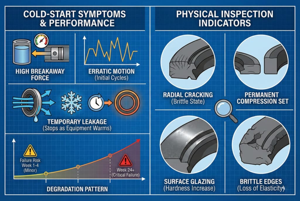 Tehnička infografika podijeljena na dva panela koja ilustriraju znakove degradacije brtve uzrokovane temperaturom. Lijevi panel, "Simptomi hladnog pokretanja i performanse", prikazuje ikone i grafikone za veliku silu odvajanja, nepravilan pokret tokom početnih ciklusa, privremeno curenje koje prestaje kako se oprema zagrijava i grafikon obrasca degradacije koji prikazuje sve veći rizik od kvara tokom više od 24 sedmice. Desni panel, "Indikatori fizičkog pregleda", prikazuje uvećane poprečne presjeke oštećenih brtvi koje pokazuju radijalno pucanje, trajno kompresijsko deformisanje, stvaranje glazure na površini i krhke rubove.