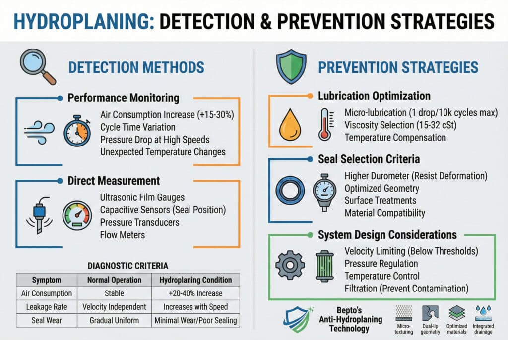 Sveobuhvatna infografika pod nazivom "HIDROPLANING: STRATEGIJE ZA OTKRIVANJE I PREVENCIJU". Lijeva strana detaljno opisuje "METODE OTKRIVANJA" putem praćenja performansi (npr. povećanje potrošnje zraka) i direktnog mjerenja (npr. ultrazvučni mjerači filma), uključujući tabelu "DIAGNOZNI KRITERIJUMA" koja upoređuje normalne uslove i uslove hidroplaninga. Desna strana prikazuje "STRATEGIJE PREVENCIJE" kroz optimizaciju podmazivanja, kriterije odabira brtvi i razmatranja pri projektovanju sistema, zaključujući sa "Bepto tehnologijom protiv hidroplaniranja".