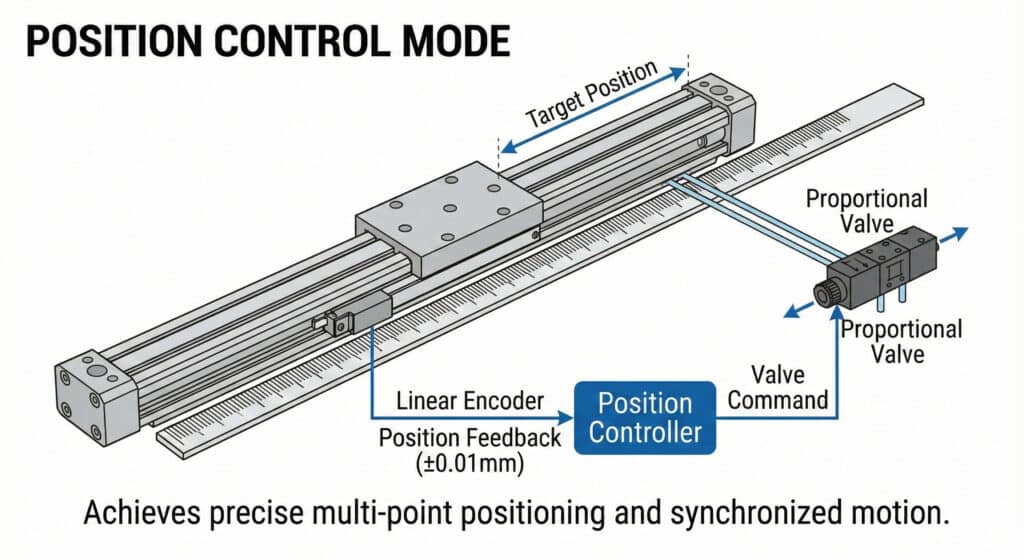 Tehnički dijagram koji ilustrira sistem cilindara bez klipa koji radi u načinu kontrole položaja. Kolica se kreću duž cilindra, a njihov položaj prati linearan enkoder koji pruža povratnu informaciju visoke preciznosti (±0,01 mm) kontroloru položaja. Kontrolor šalje naredbe proporcionalnom ventilu za regulaciju protoka zraka, ostvarujući precizno pozicioniranje na više tačaka prema određenoj ciljanoj lokaciji duž skale.