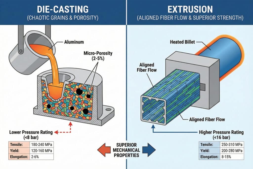 Tehnička infografika koja uspoređuje lijevanje pod pritiskom i ekstruziju. Lijevi panel prikazuje rastopljeni aluminij izliven u kalup, što rezultira dijelom s kaotičnim zrnima i mikroporočnošću (2-5%), što dovodi do niže ocjene pritiska i mehaničkih svojstava. Desni panel prikazuje zagrijanu šipku koja se forsira kroz matricu, stvarajući ekstrudirani dio s poravnanim smjerom vlakana, minimalnom poroznošću i vrhunskom ocjenom pritiska te mehaničkim svojstvima.