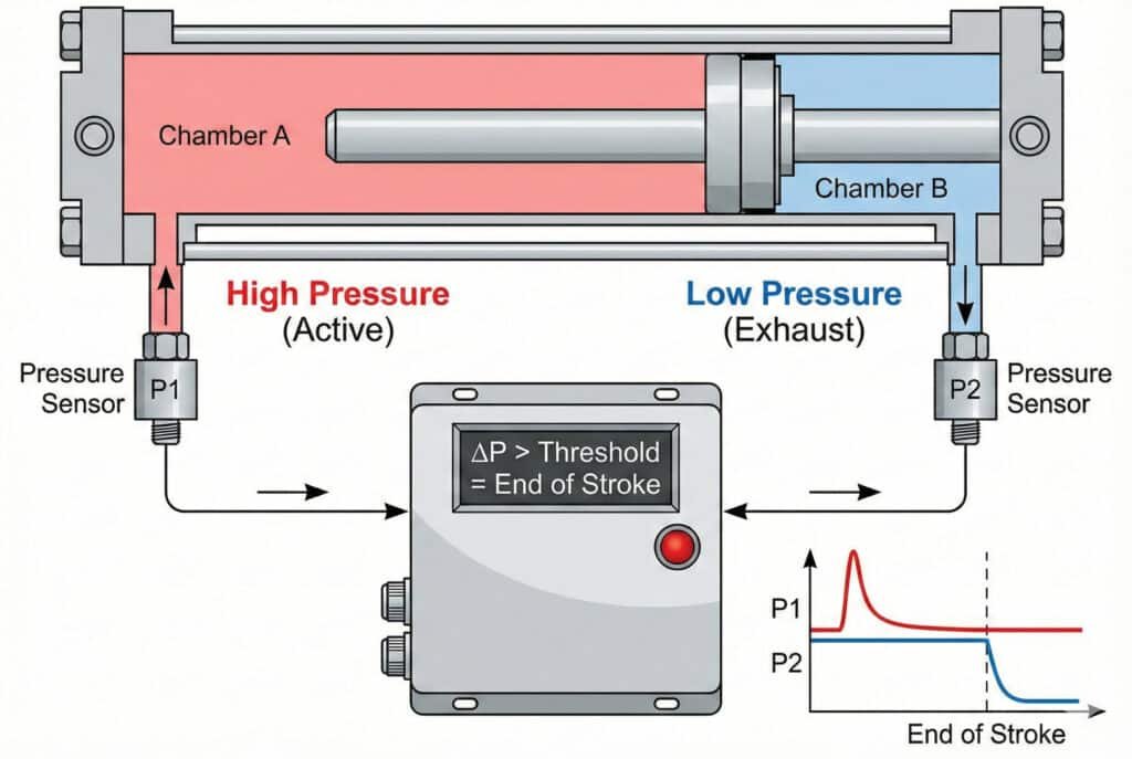 แผนภาพทางเทคนิคที่แสดงหลักการของการตรวจจับความดันต่างสำหรับการตรวจจับจุดสิ้นสุดของจังหวะในกระบอกลม มันแสดงกระบอกที่มีลูกสูบอยู่ที่ปลายสุดของจังหวะ, ห้องความดันสูง A (แอคทีฟ), ห้องความดันต่ำ B (ระบาย), เซ็นเซอร์ความดันสองตัว, และหน่วยควบคุมที่ตรวจสอบความแตกต่างของความดัน (ΔP) เพื่อกระตุ้นสัญญาณ "End of Stroke" ตามที่แสดงในกราฟ.