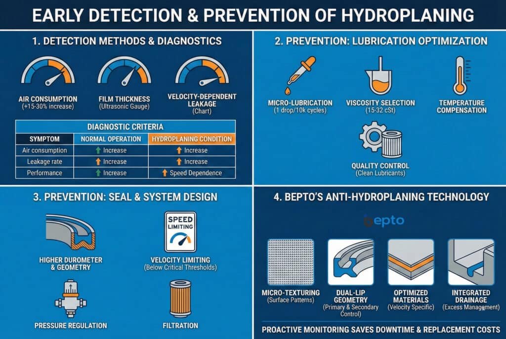 Infografika ar nosaukumu 'HIDROPLANINGA AGRA DETEKCIJA UN NOVĒRŠANA'. 1. panelī ir sīki izklāstītas 'DETEKCIJAS METODES UN DIAGNOSTIKA' ar gaisa patēriņa un plēves biezuma mērītājiem, kā arī tabula 'DIAGNOSTISKIE KRITĒRIJI', kurā salīdzināti simptomi normālos apstākļos un hidroplaninga apstākļos. 2. panelī 'PREVENCIJA: SMĒRĒŠANAS OPTIMIZĀCIJA' ir attēlota mikrosmērēšana, viskozitātes izvēle un kvalitātes kontrole. 3. panelis 'PREVENCIJA: VĀKU UN SISTĒMAS KONSTRUKCIJA' parāda vāku ģeometriju, ātruma ierobežošanu un filtrāciju. 4. panelis parāda 'BEPTO PRET-HIDROPLANINGA TEHNOLOĢIJU' ar diagrammām par mikrotekstūru, divkāršo lūpu ģeometriju, optimizētiem materiāliem un integrētu drenāžu. Apakšējā joslā uzsvērta proaktīva uzraudzība.