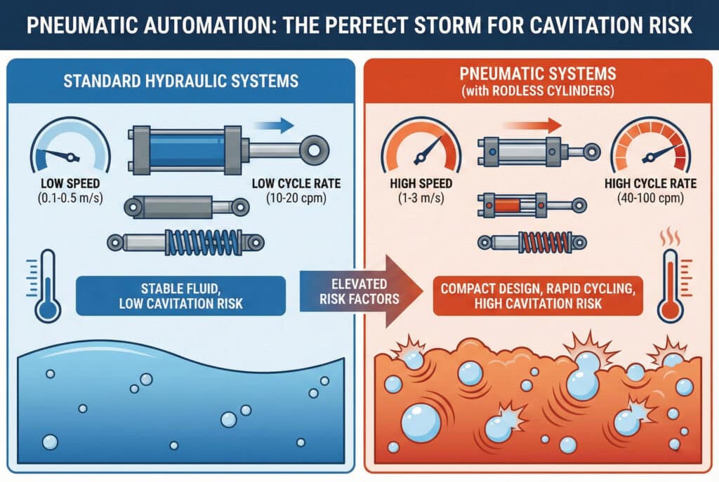 Infografika koja uspoređuje rizike kavitacije. Lijevi plavi panel, pod nazivom "Standardni hidraulični sistemi", prikazuje nisku brzinu, niske stope ciklusa i stabilnu tekućinu, što rezultira "Niskim rizikom od kavitacije". Desni narančasti panel, pod nazivom "Pneumatski sistemi (s cilindarima bez klipa)", prikazuje visoku brzinu, visoke stope ciklusa i povišenu temperaturu, što dovodi do "Visokog rizika od kavitacije" prikazanog turbulentnom tekućinom s puknućim mjehurićima. Središnja strelica označava "Povećane faktore rizika" pri prelasku na pneumatske sisteme.