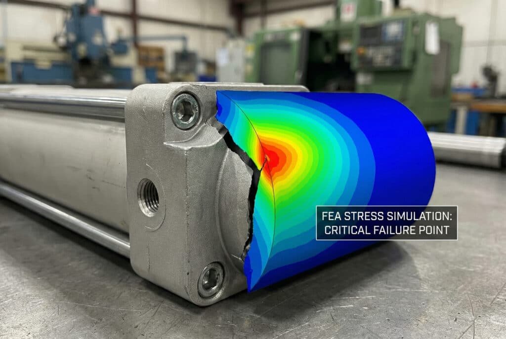 A close-up photograph of a cracked metal end cap on a pneumatic cylinder, overlaid with a digital Finite Element Analysis (FEA) stress simulation heatmap. The red area on the heatmap precisely aligns with the physical crack, labeled "FEA STRESS SIMULATION: CRITICAL FAILURE POINT".