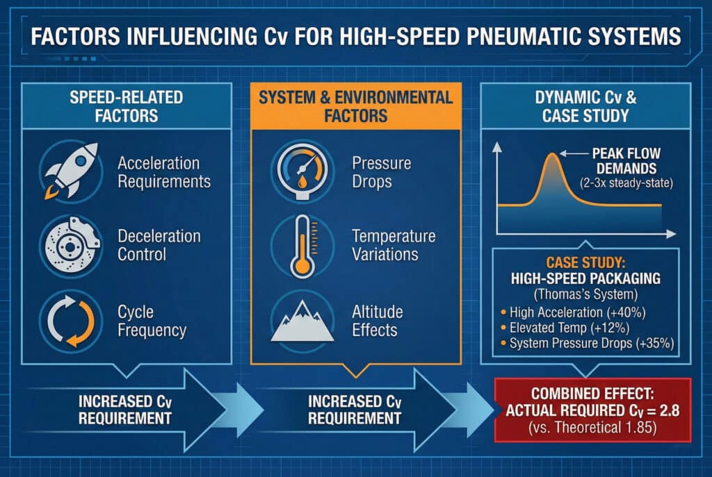 Infografika pod nazivom "Faktori koji utiču na Cv kod brzorazvodnih pneumatskih sistema." Ona vizualizira kako faktori vezani za brzinu (ubrzavanje, usporavanje, frekvencija ciklusa) i faktori sistema/okruženja (padovi pritiska, temperatura, nadmorska visina) doprinose povećanim zahtjevima za koeficijent protoka (Cv) ventila. Dinamični odjeljak o Cv-u s grafikonom vršnog protoka i studijom slučaja pokazuje da je kombinirani učinak ovih faktora doveo do stvarnog potrebnog Cv-a od 2,8, što je znatno više od teorijskog izračuna od 1,85 za primjenu u visokobrzinskom pakovanju.