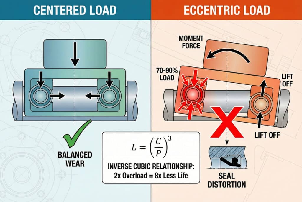 อินโฟกราฟิกทางเทคนิคแบบแบ่งหน้าจอเปรียบเทียบสถานการณ์ "โหลดตรงกลาง" และ "โหลดเยื้องศูนย์" บนกระบอกสูบไร้ก้านด้าน "CENTERED LOAD" แสดงให้เห็นแรงที่สมดุลบนตลับลูกปืนซึ่งส่งผลให้เกิด "การสึกหรอที่สมดุล" ด้าน "ECCENTRIC LOAD" แสดงให้เห็น "แรงโมเมนต์" ที่ทำให้ตัวเลื่อนเอียง โดยมี "แรง 70-90%" อยู่ที่ตลับลูกปืนด้านหนึ่งและเกิด "การยกตัว" ที่ด้านตรงข้าม ส่งผลให้เกิด "การบิดเบี้ยวของซีล"กล่องข้อความหลักเน้นที่ "ความสัมพันธ์แบบอินเวอร์สคิวบิก" กับสมการอายุการใช้งานของแบริ่ง L = (C/P)³ โดยอธิบายว่า "การรับน้ำหนักเกิน 2 เท่า = อายุการใช้งานลดลง 8 เท่า"