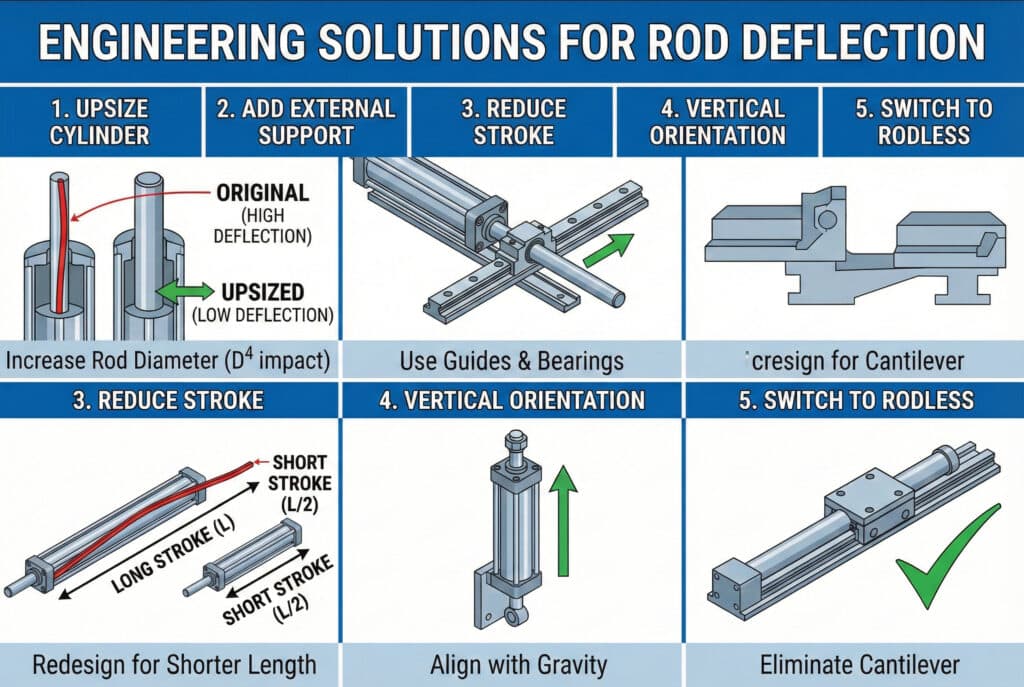 Tehnička infografika pod nazivom "INŽENJERSKA RJEŠENJA ZA ODBOJAVANJE ŠIPKE", koja detaljno opisuje pet metoda za sprečavanje savijanja klipnjače: povećanje prečnika cilindra, dodavanje vanjskih vodilica, smanjenje hoda klipa, prebacivanje u vertikalnu orijentaciju i prelazak na dizajn cilindra bez šipke radi eliminacije problema konzolne šipke.