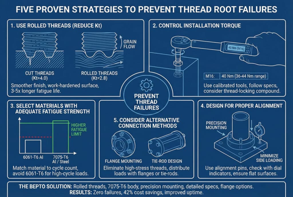 อินโฟกราฟิกที่ครอบคลุมซึ่งแสดงรายละเอียดกลยุทธ์ที่พิสูจน์แล้วห้าประการในการป้องกันการล้มเหลวของเกลียวในกระบอกลม หัวข้อหลักคือ "ป้องกันการล้มเหลวของเกลียว" แผงห้าแผงแสดงกลยุทธ์: 1) ใช้เกลียวที่กลึงเพื่อลด Kt โดยแสดงการเปรียบเทียบระหว่างเกลียวที่ตัดกับเกลียวที่กลึง; 2) ควบคุมแรงบิดติดตั้งด้วยเครื่องมือที่ปรับเทียบแล้ว โดยมีประแจแรงบิดเป็นตัวอย่าง;3) เลือกวัสดุที่มีความต้านทานการล้าเพียงพอ โดยเปรียบเทียบระหว่างอลูมิเนียม 6061-T6 และ 7075-T6; 4) ออกแบบให้มีการจัดตำแหน่งที่ถูกต้อง โดยแสดงการติดตั้งที่มีความแม่นยำพร้อมหมุดจัดตำแหน่งและตัวบ่งชี้แบบหน้าปัด; 5) พิจารณาวิธีการเชื่อมต่อทางเลือก เช่น การติดตั้งแบบหน้าแปลนและการออกแบบตัวยึดแบบแท่งยึด.แผงสุดท้ายเน้น "THE BEPTO SOLUTION" ด้วยเกลียวแบบม้วน ตัวเรือน 7075-T6 และผลลัพธ์เชิงบวกรวมถึงการล้มเหลวเป็นศูนย์และการประหยัดต้นทุน ความสวยงามโดยรวมเป็นสไตล์แบบพิมพ์เขียวที่สะอาดและเทคนิค.