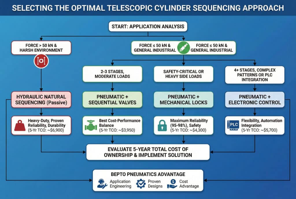 แผนผังการไหลที่ครอบคลุมชื่อว่า "การเลือกวิธีการจัดลำดับกระบอกสูบยืดหดที่เหมาะสมที่สุด" เริ่มต้นด้วย "การวิเคราะห์การใช้งาน" และแยกตามแรงและสภาพแวดล้อมเป็น "การจัดลำดับตามธรรมชาติแบบไฮดรอลิก" สำหรับการใช้งานหนัก และตัวเลือก "แบบนิวเมติก" สามแบบ (วาล์วแบบลำดับ, ล็อคเชิงกล, การควบคุมอิเล็กทรอนิกส์) สำหรับความต้องการทั่วไปในอุตสาหกรรมต่างๆ แต่ละตัวเลือกจะแสดงประโยชน์ ต้นทุนรวมตลอดอายุการใช้งาน 5 ปี (TCO) และนำไปสู่ขั้นตอนสุดท้าย "ประเมิน TCO และดำเนินการแก้ไข" พร้อมด้วยส่วนสรุป "ข้อได้เปรียบของ Bepto Pneumatics".