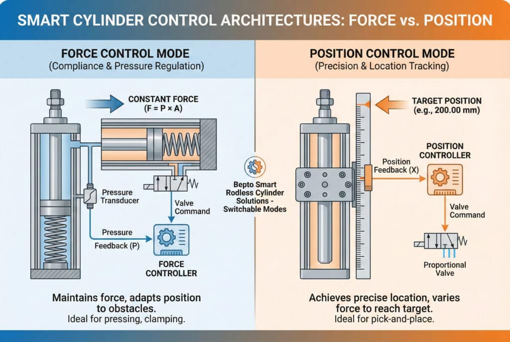 Tehnički dijagram koji upoređuje "Način kontrole sile" i "Način kontrole položaja" za pametne cilindre. Lijevi panel prikazuje sistem kontrole sile sa transduktorom pritiska, kontrolerom i ventilom koji regulišu cilindar kako bi održao konstantnu silu protiv opruge, dajući prioritet poslušnosti. Desni panel prikazuje sistem kontrole položaja sa linearnim enkodirom, kontrolerom i ventilom koji regulišu cilindar kako bi dostigao preciznu ciljnu poziciju na skali, dajući prioritet tačnosti lokacije. Dijagram ističe različite povratne petlje i operativne ciljeve svakog načina rada.