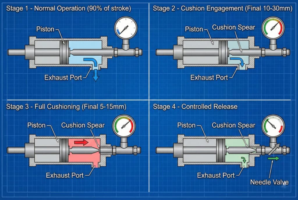 אינפוגרפיקה טכנית בת ארבעה שלבים הממחישה את רצף הריפוד הפנאומטי על רקע שרטוט. שלב 1 מציג פעולה רגילה עם יציאת פליטה פתוחה. שלב 2 מציג את הפעלת הריפוד כאשר החנית נכנסת ליציאה, מה שמגביר את הלחץ. שלב 3 מציג ריפוד מלא עם יציאה חסומה, דחיסת אוויר כלוא והצגת לחץ גבוה. שלב 4 מציג שחרור מבוקר באמצעות שסתום מחט מתכוונן, המפזר את הלחץ.