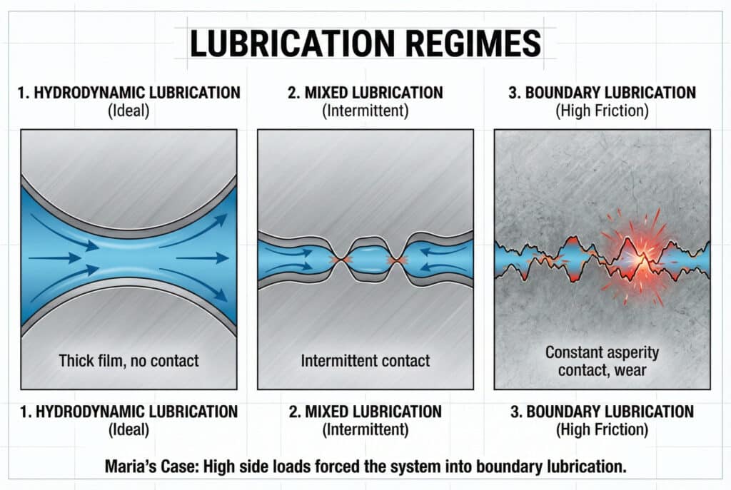 Tehnička infografika pod nazivom "REŽIMI PODMAZIVANJA" koja prikazuje tri dijagrama poprečnih presjeka u kojima se uspoređuje "hidrodinamičko podmazivanje (idealno)" s debelim uljnim filmom, "Mješovito podmazivanje (pauzirano)" sa djelomičnim metal-na-metal kontaktom, i "granično podmazivanje (visoka trenje)" sa stalnim kontaktom asperiteta i habanjem, uz napomenu da visoka bočna opterećenja uzrokuju granično podmazivanje.