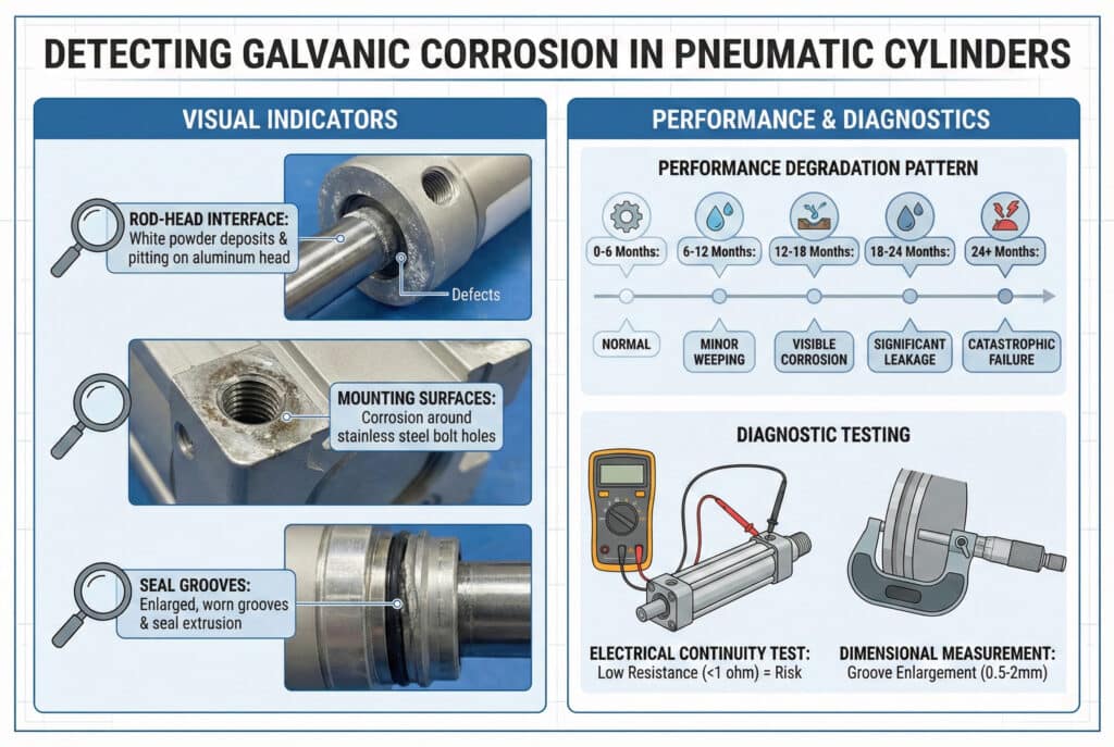 Tehnička infografika pod nazivom "OTKRIVANJE GALVANSKE KOROZIJE U PNEUMATSKIM CILINDRIMA". Lijevi panel detaljno prikazuje "VIZUELNE INDIKATORE" sa fotografijama izbliza interfejsa klipa i glave koje prikazuju bijeli prah i udubljenja, površinu za montažu sa korozijom oko rupa za vijke i utore za brtve sa habanjem i istiskivanjem brtve. Desni panel, "PERFORMANSE I DIJAGNOSTIKA", uključuje vremensku crtu "ŠABLONA DEGRADACIJE PERFORMANSI" od "Normalnog" do "Katastrofalnog kvara", te ilustracije "DIJAGNOSTIČKOG TESTIRANJA" testa električne provodnosti multimetarom i dimenzionalnog mjerenja žlijeba mikrometrom.