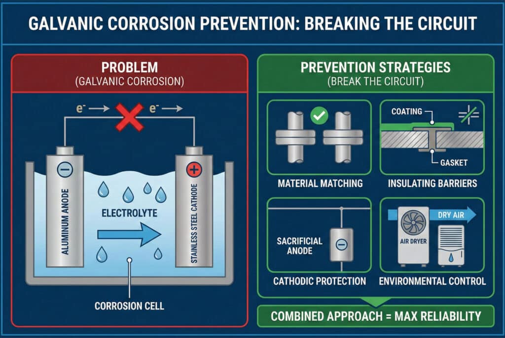 Tehnička infografika pod nazivom "PREVENCIJA GALVANSKE KOROZIJE: PREKIDANJE KRUGA". Lijevi panel, "PROBLEM", prikazuje korozivnu ćeliju s aluminijskom anodom i katodom od nehrđajućeg čelika u elektrolitu. Desni panel, "STRATEGIJE PREVENCIJE", detaljno prikazuje četiri metode uz ikone: usklađenost materijala (kompatibilni metali), izolacijske barijere (premazi, brtve), katodna zaštita (žrtvena anoda) i kontrola okoline (sušilo za zrak). Završni baner glasi "KOMBINOVANI PRISTUP = MAKSIMALNA POUZDANOST".