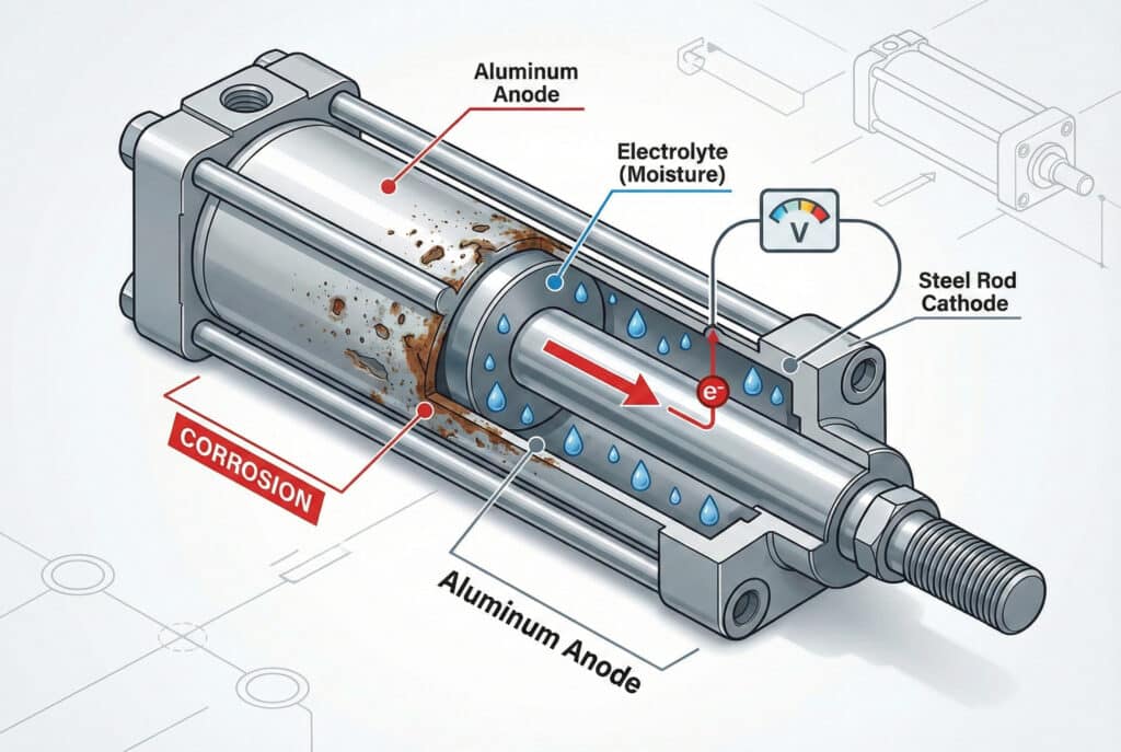Tehnički dijagram koji ilustrira galvansku koroziju u pneumatskom cilindru. Prikaz presjeka pokazuje aluminijsko tijelo označeno "Aluminijska anoda" kako korozira s naslagama hrđe, dok unutrašnja čelična šipka označena "Čelična šipka katoda" ostaje netaknuta. Plave kapljice vode označene "Elektrolit (vlaga)" nalaze se između anode i katode. Crvena strelica označava tok elektrona (e⁻) od aluminija do čelične šipke, a voltmetar je priključen na njih. Korodirano područje na aluminiju je izričito označeno "KOROZIJA"."