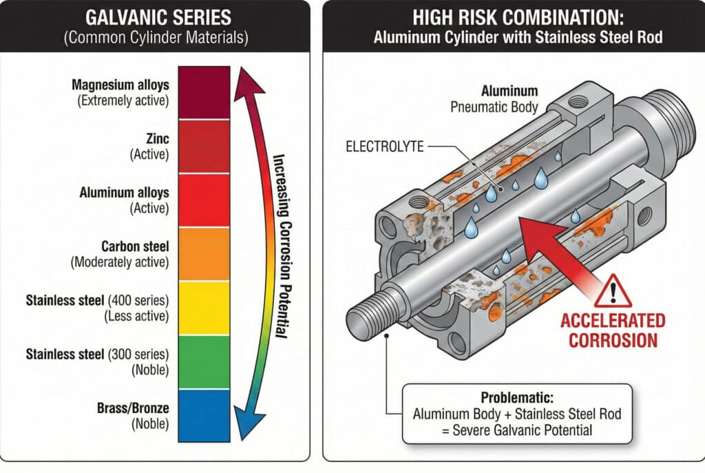 Tehnička infografika koja ilustrira rizike galvanske korozije. Lijevi panel prikazuje uobičajene materijale cilindara od aktivnih (npr. aluminij) do plemenitih (npr. nehrđajući čelik), pokazujući sve veći korozijski potencijal. Desni dijagram prikazuje presjek "Visokorizične kombinacije": tijelo aluminijskog pneumatskog cilindra koje je ozbiljno korodiralo zbog kontakta s nehrđajućom čeličnom šipkom i elektrolitom, označeno kao "Ubrzana korozija"."