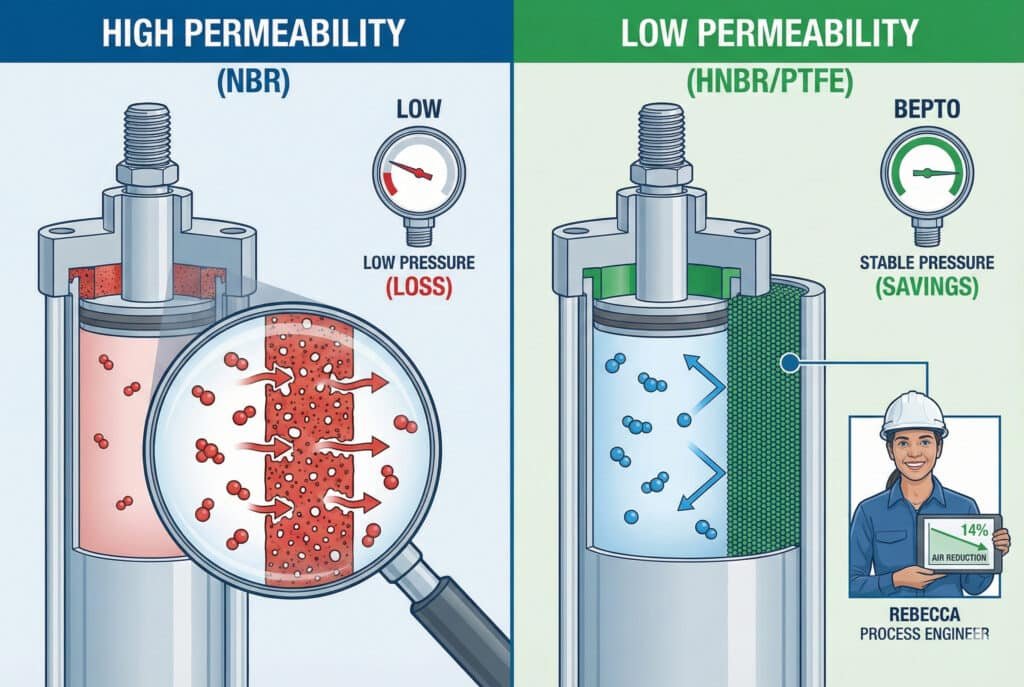 Τεχνική απεικόνιση που συγκρίνει τη διαπερατότητα αερίου σε πνευματικούς κυλίνδρους. Το αριστερό πλαίσιο δείχνει υψηλή διαπερατότητα μέσω στεγανοποιητικών NBR που προκαλούν απώλεια πίεσης, ενώ το δεξί πλαίσιο δείχνει έναν κύλινδρο Bepto με στεγανοποιητικά HNBR/PTFE χαμηλής διαπερατότητας που διατηρούν την πίεση και οδηγούν σε εξοικονόμηση αέρα για μια μηχανικό διεργασιών ονόματι Rebecca.