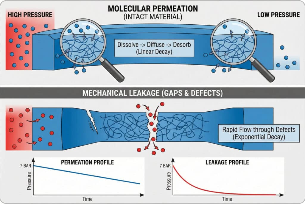 Naučni dijagram koji upoređuje molekularnu permeaciju gasa kroz neoštećen zaptivni materijal (gore) i mehaničko curenje kroz praznine (dolje), ilustriran poprečnim presjecima i odgovarajućim grafikonima pada pritiska koji prikazuju linearni, odnosno eksponencijalni pad.