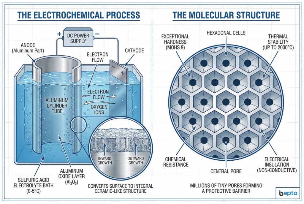 อินโฟกราฟิกทางเทคนิคที่แสดงกระบวนการชุบอโนไดซ์แบบแข็ง แผงด้านซ้าย "กระบวนการทางไฟฟ้าเคมี" แสดงแผนภาพของกระบอกอลูมิเนียมในอ่างอิเล็กโทรไลต์กรดซัลฟิวริกเย็นที่ทำหน้าที่เป็นขั้วแอโนด แสดงชั้นออกไซด์ของอลูมิเนียมที่เติบโตเข้าด้านในและออกด้านนอกเพื่อสร้างโครงสร้างแบบเซรามิกที่รวมเป็นหนึ่งเดียว แผงด้านขวา "โครงสร้างระดับโมเลกุล" แสดงภาพระดับจุลทรรศน์ของเซลล์หกเหลี่ยมที่ได้ ซึ่งมีรูตรงกลาง โดดเด่นด้วยคุณสมบัติต่างๆ เช่น ความแข็งระดับโมห์ส 9 ความเสถียรทางความร้อนสูงถึง 2000°C ความทนทานต่อสารเคมี และการเป็นฉนวนไฟฟ้า.