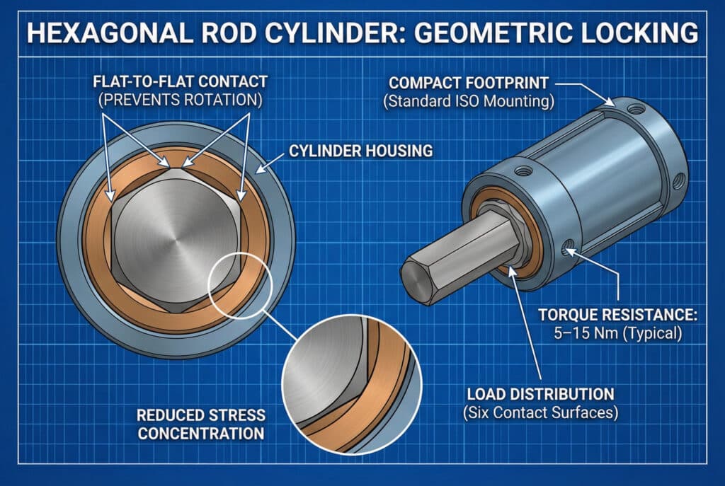 Tehnički nacrt koji ilustrira geometrijski princip zaključavanja šesterokutnog cilindra sa šipkom, prikazujući kako se šesterostrana šipka spaja s ležajem da bi spriječila rotaciju putem ravno-ravnog kontakta, pružajući otpor momentu i kompaktnu veličinu.