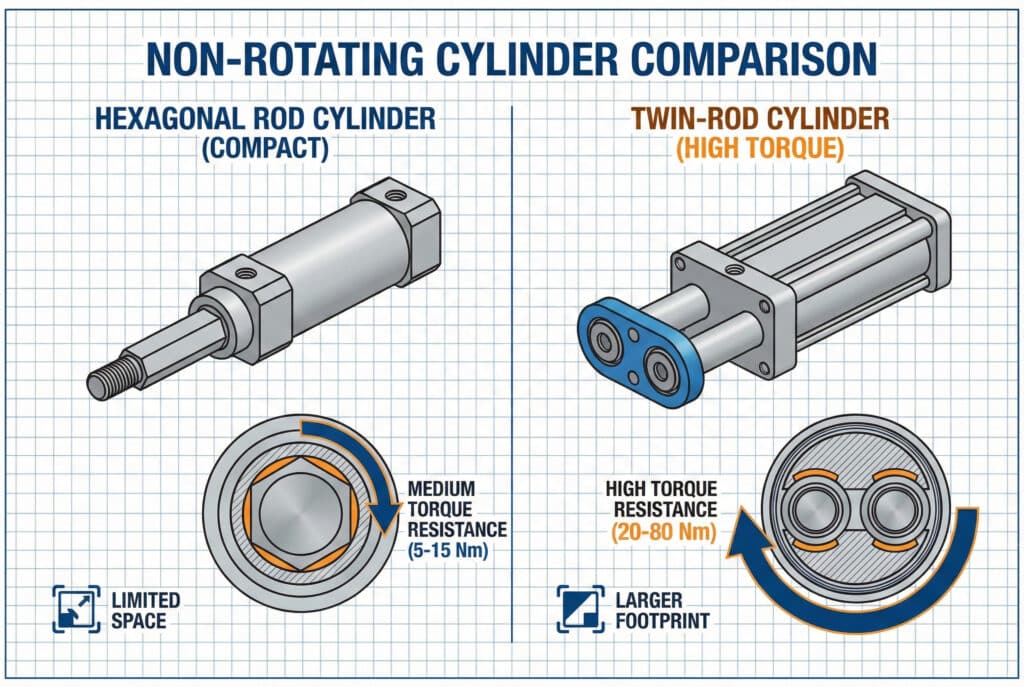 Tehnički dijagram za poređenje koji ilustruje dva dizajna cilindara koji se ne rotiraju: heksagonalni cilindar sa šipkom za kompaktne prostore sa srednjim otporom obrtnog momenta (5–15 Nm) i cilindar sa dvostrukom šipkom za primjene sa visokim obrtnim momentom (20–80 Nm), ali sa većim zauzimanjem prostora.