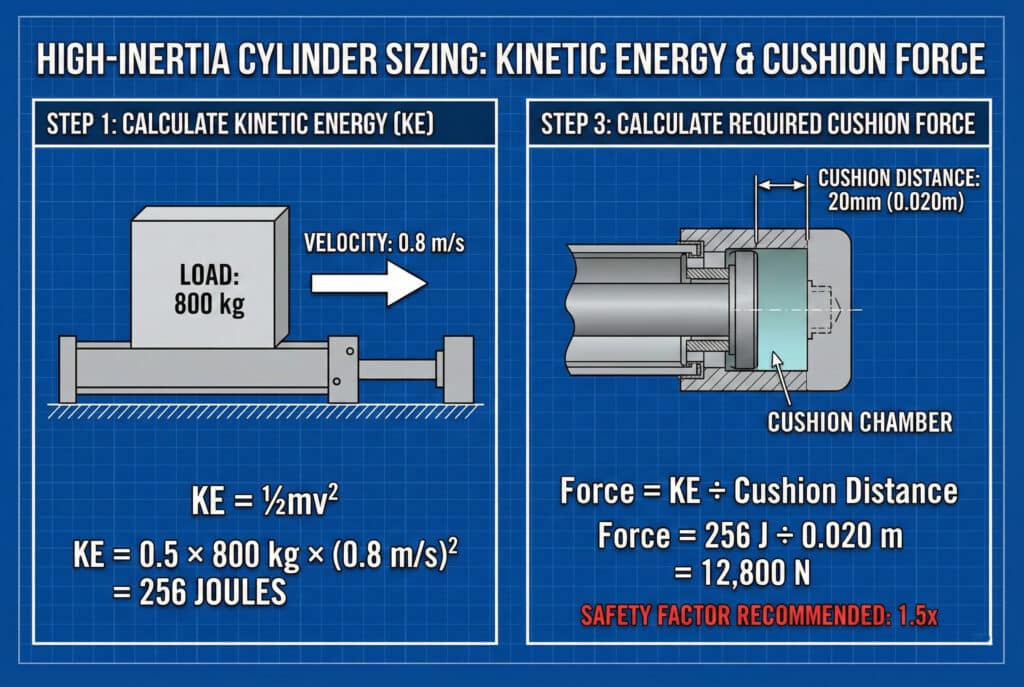 Tehnička infografika u stilu tehničkog crteža pod nazivom "ODABIR VELIČINE SILINDRA VISOKE JEDNOLIKOSTI: KINETIČKA ENERGIJA I SILA AMORTIZACIJE." Lijeva ploča ilustrira korak 1, izračunavanje kinetičke energije za opterećenje od 800 kg koje se kreće brzinom od 0,8 m/s, što rezultira 256 džaula. Desna ploča ilustrira korak 3, prikazujući poprečni presjek cilindra i izračunavanje potrebne sile jastučića od 12.800 N potrebne za rasipanje te energije na udaljenosti jastučića od 20 mm, uz napomenu o preporučenom sigurnosnom faktoru 1,5x.