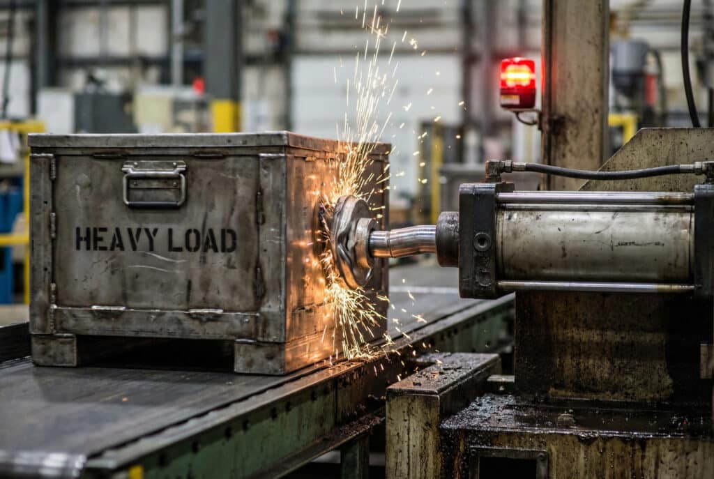 Metalni spremnik velike mase s natpisom "TEJAK TERET" udara u pneumatski cilindar na industrijskom transportnom pojasu, uzrokujući iskre i vidljivo savijanje klipnjače zbog prekomjernog udarnog opterećenja.