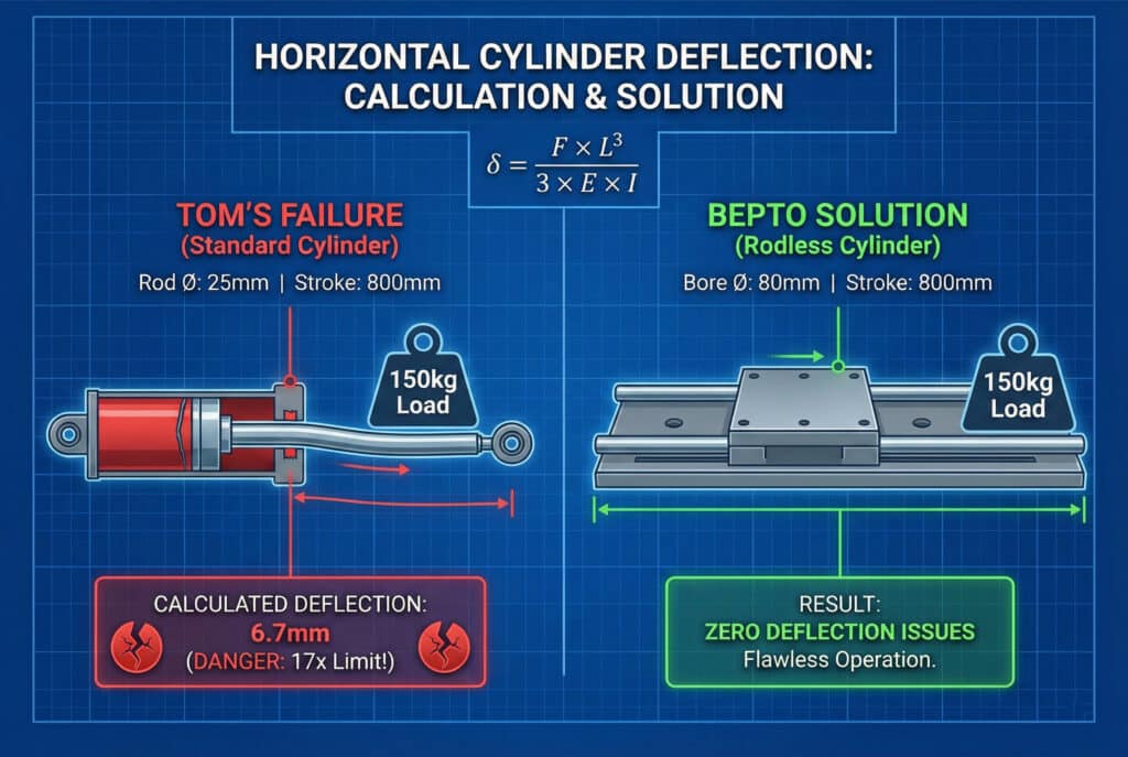 Dvostrana inženjerska infografika koja ilustrira horizontalnu deformaciju cilindra. Lijeva ploča prikazuje scenarij "Tomov neuspjeh" sa standardnim cilindrom, savijenom šipkom od 25 mm, opterećenjem od 150 kg i izračunatom deformacijom od 6,7 mm. Desni panel prikazuje "Bepto rješenje" koristeći cilindar bez klipa promjera 80 mm s nultom deformacijom pod istom opterećenjem, demonstrirajući važnost prikazane formule δ = (F × L³) / (3 × E × I).
