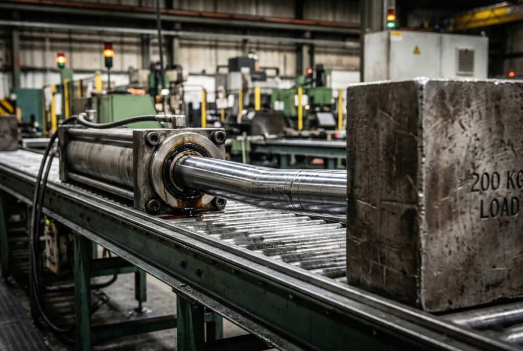 Fotografija horizontalnog hidrauličkog cilindra na industrijskom transportnom traku, koja prikazuje čelični klipni štap vidljivo savijen prema dolje pod velikim blokom s natpisom "200 KG LOAD", uz curenje ulja iz oštećene brtve.