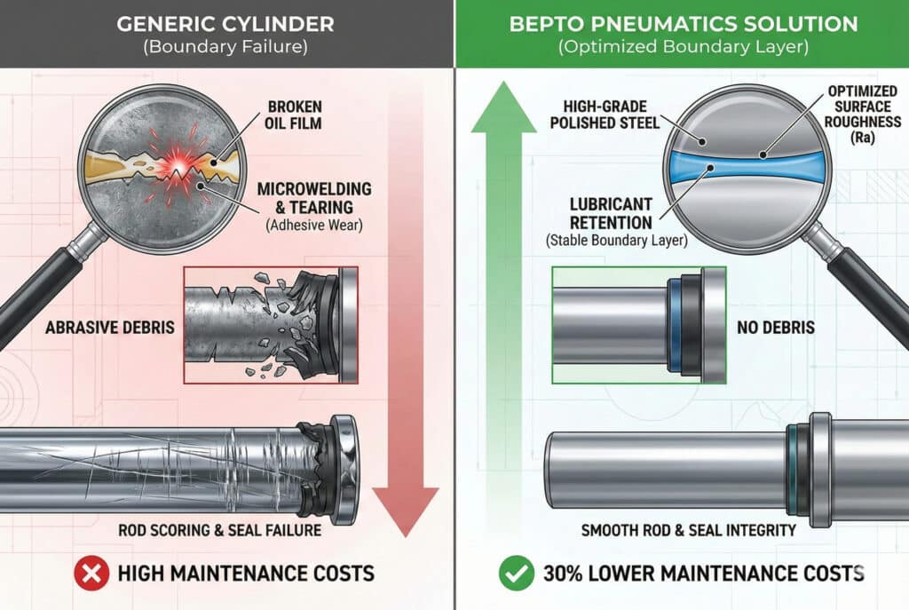 Infografika koja uspoređuje kvar "Generic Cylinder" zbog kvara na graničnom podmazivanju, što dovodi do oštećenja klipa i visokih troškova održavanja, s "Bepto Pneumatics Solution" koji koristi optimiziranu hrapavost površine za stabilno podmazivanje i 30% niže troškove održavanja.