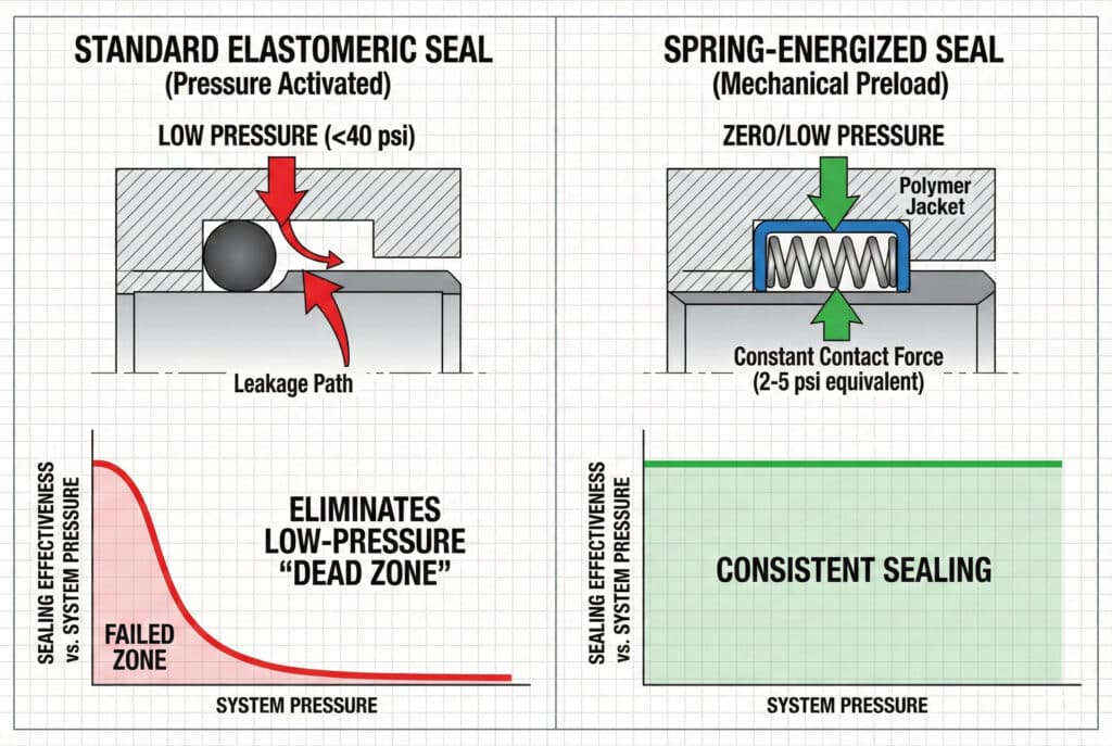 Tehnički grafikon koji upoređuje standardne elastomerne brtve aktivirane pritiskom, koje pokazuju curenje pri niskim pritiscima (<40 psi), sa brtvama opremljenim oprugom koje koriste mehaničko prednaprezanje za osiguranje stalne kontaktne sile i dosljednih performansi brtvljenja čak i pri nultom pritisku.